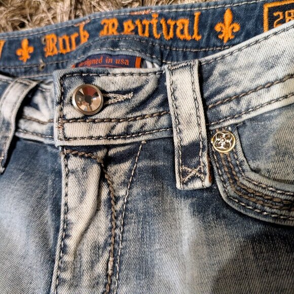 SOLD Rock Revival Raven Light Wash Distressed Bootcut Jeans Size 28 NEW Low Rise - Picture 6 of 16